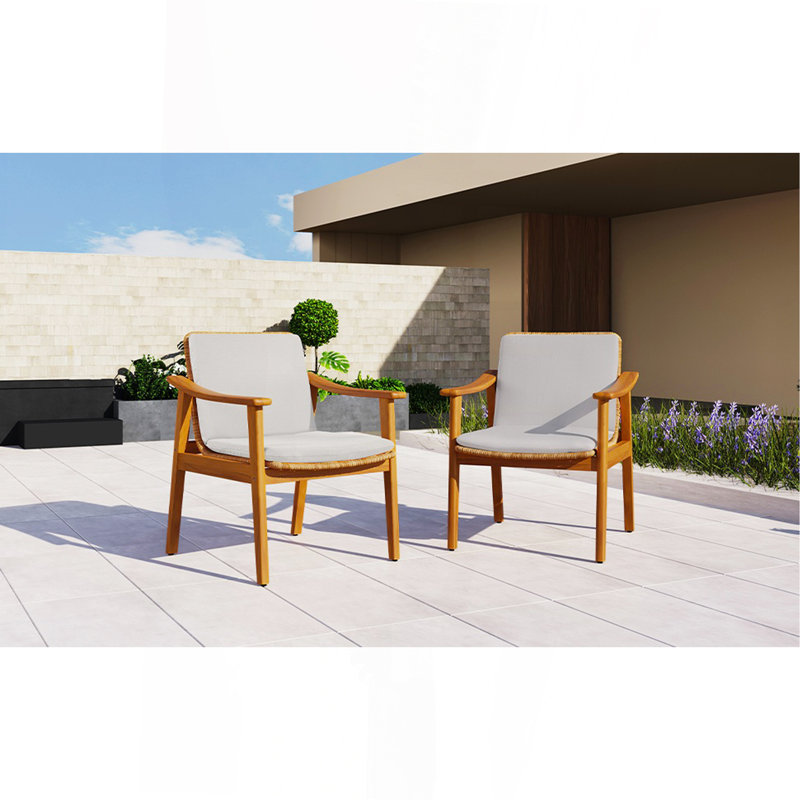 Outdoor Dining Chairs Set Of 2, Teak Color Acacia Wood Frame, Brown PE Wicker, Grey Waterproof Cushion, Ideal For Patios, Gardens