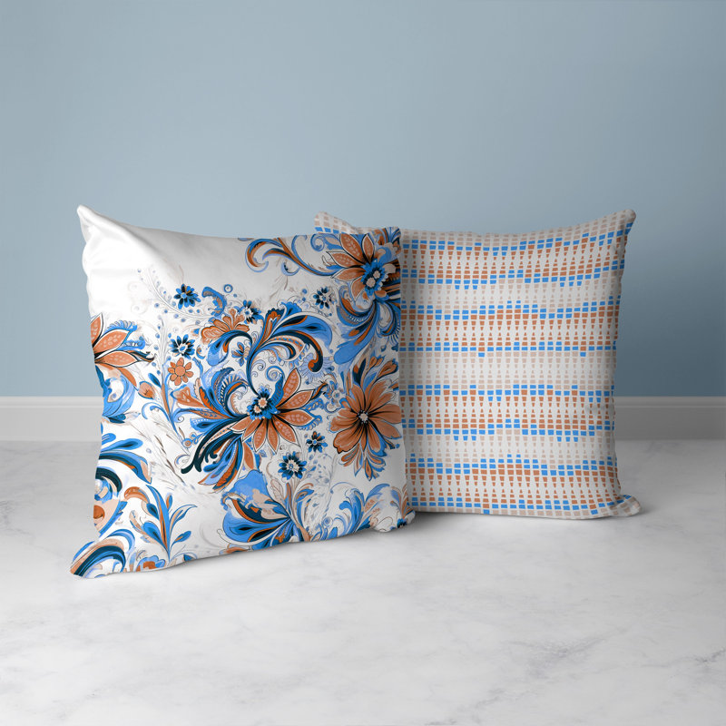 Blue and Red Floral Faux Suede Square Throw Pillow