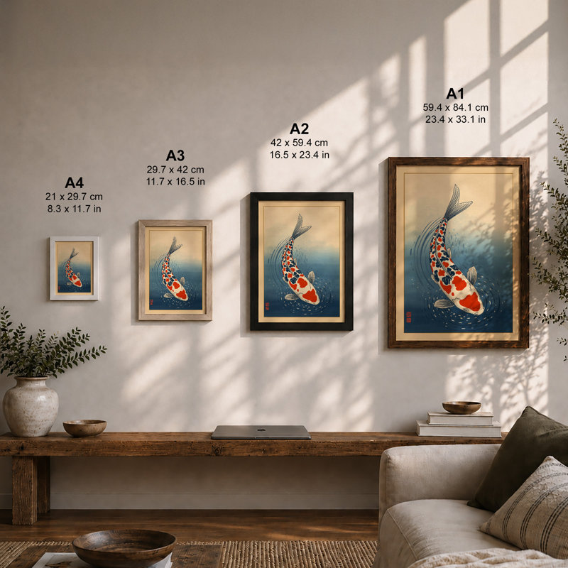 Koi in Motion Japandi - Framed Print, Oak, A4 - 29.7 x 21.0 cm