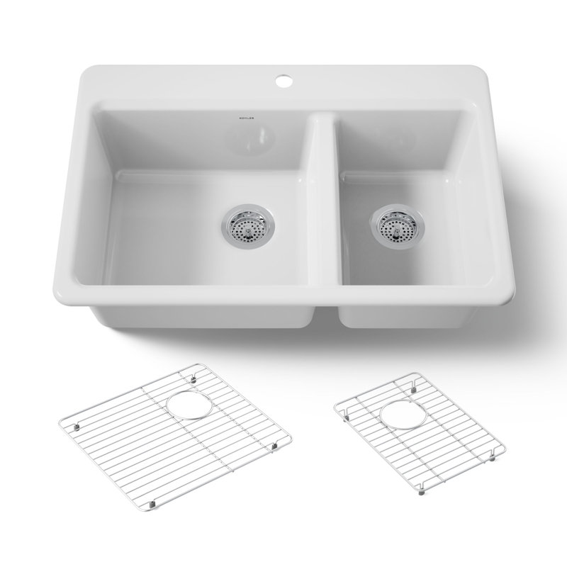 Riverby 33 In. Top-Mount Double-Bowl Kitchen Sink, White, 1 hole, Large/medium bowls