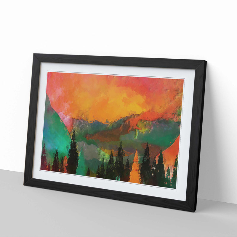 Trees at the Foot of a Setting Sun in Abstract - Picture Frame Painting Print on MDF, 35cm H x 50cm W x 2cm D, Black