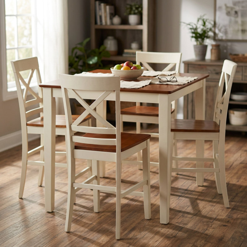 Ensemble de salle à manger carré 5 pièces en bois dur asiatique de couleur babeurre et cerisier