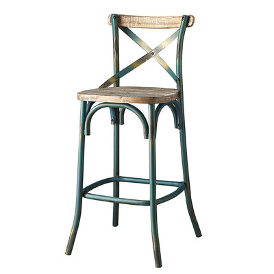 Antique Turquoise And Oak Cross Back Bar Chair - Long-term Comfort Delight, Four-legged Base With Footrest, Vintage Flair For Dining Stool Enhanced Comfortable Seating, Charming Style