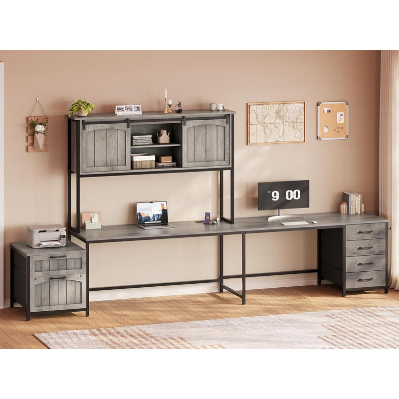 Farmhouse L Shaped Office Desk With 6 Drawer, Reversible Computer Corner Desk, Gray