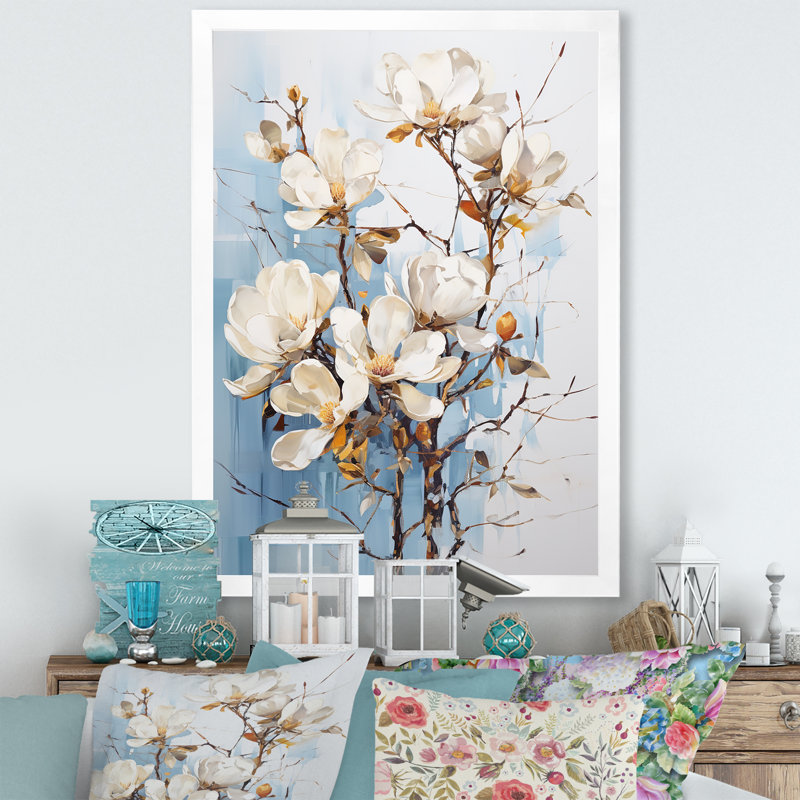 «White Elegance In Magnolias IV», reproduction sur toile, Cadre simple blanc, H 32 po x l 16 po x P 1 po