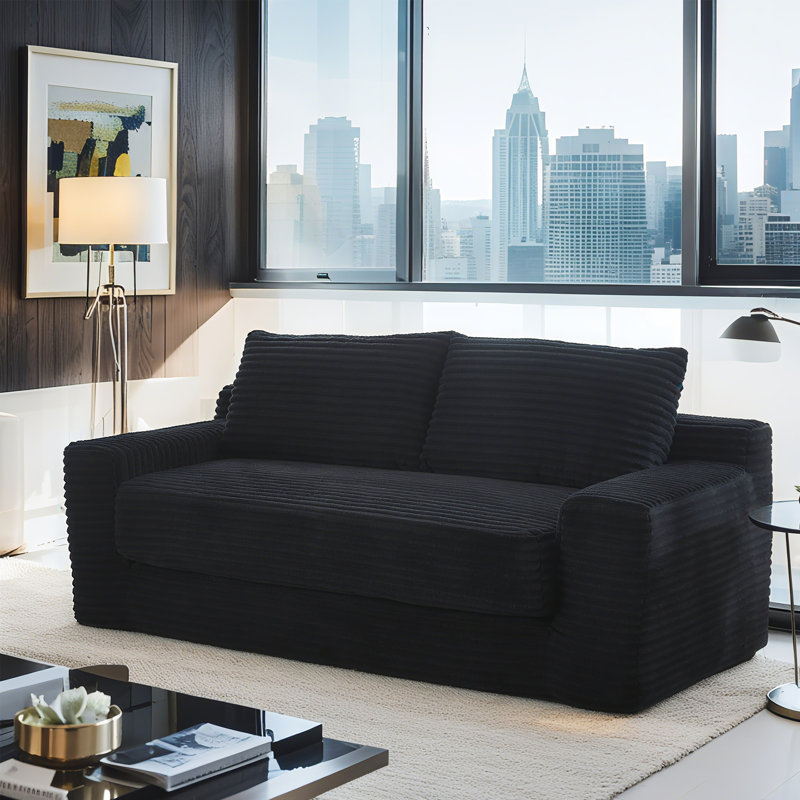 Loveseat Compression Sofa Bed Boneless Couch, Convertible 2-in-1 Design, Corduroy Fabric - Compact Memory Foam Couch For Small Spaces, Apartments, Home Office & Bedroom (black)