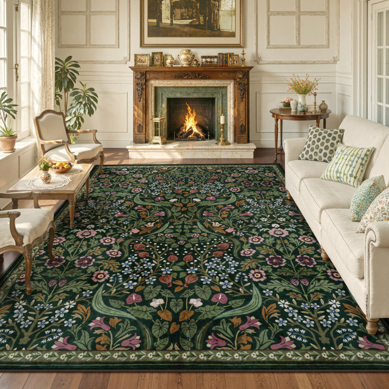 Tapis lavable à motif floral Kaldi, Rectangulaire 8 pi x 10 pi, Vert