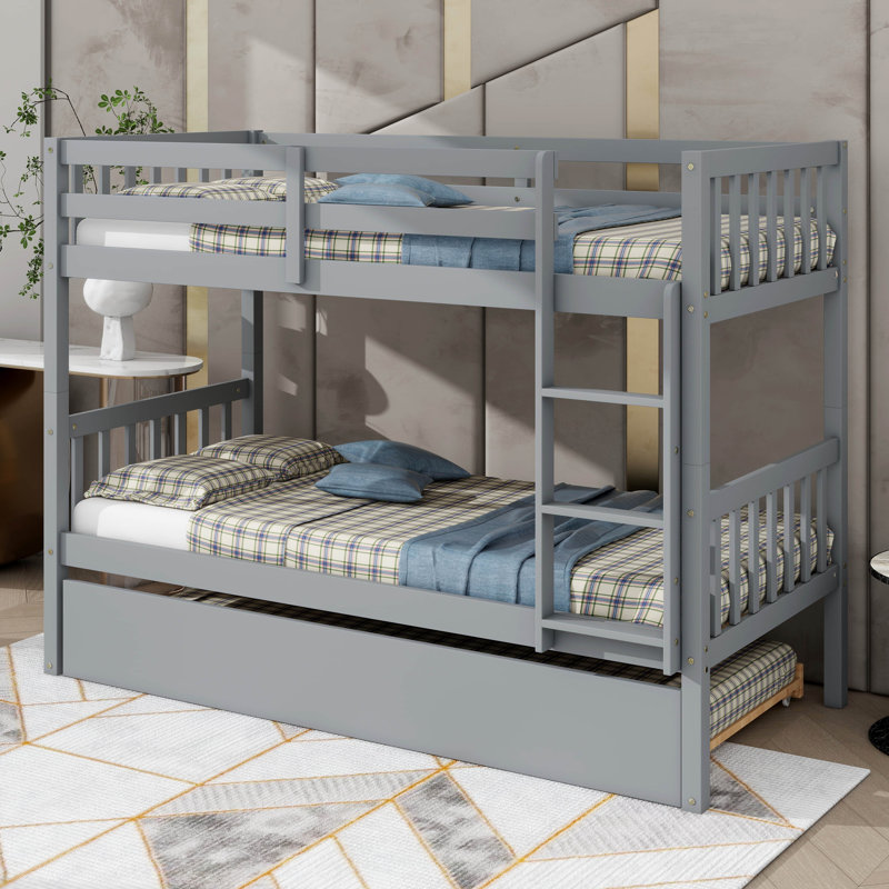 Lit superposé simple en bois d'hévéa avec lit gigogne escamotable transformable en deux lits séparés, Gris
