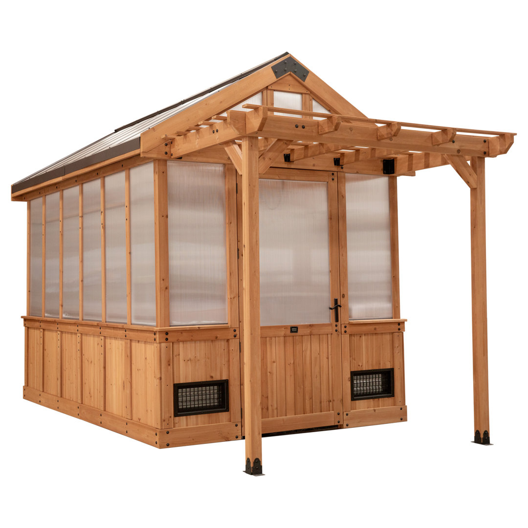 Backyard Discovery Bellerose 11' x 7' Cedar Wood and Polycarbonate Walk-In Outdoor Greenhouse Kit with Pergola Backyard Discovery