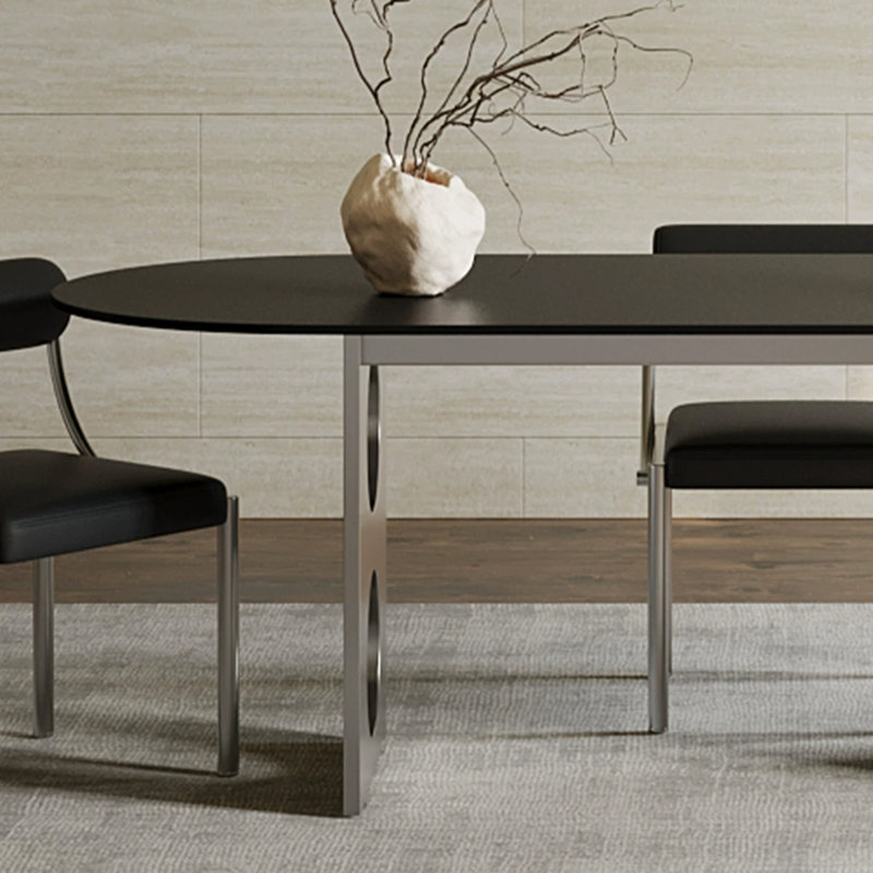 Bureau durable en acier inoxydable en pierre frittée noire, 29.52" H x 55.11" W x 31.49" D, Oval, Black/Silver