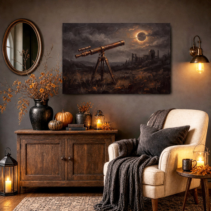 Art mural sur toile, télescope en laiton, visionnement éclipse solaire sur ruines, H 16 po x l 24 po