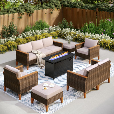 Lonsdale 9 - Person Wicker Outdoor Patio Conversation Furniture Sectional Set with Fire Pit Table