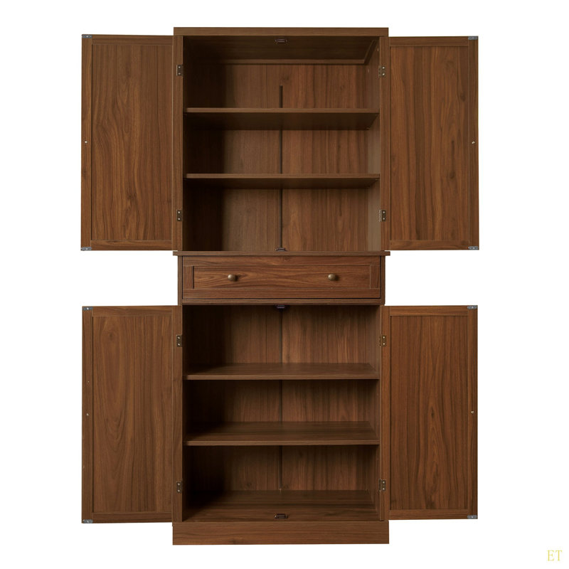 Armoire à 4 portes avec 1 tiroir, 4 tablettes intérieures réglables, armoire de rangement, Noyer