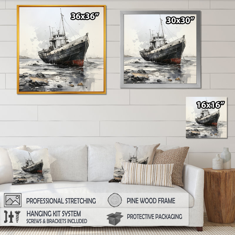 Bateau de pêche bleu et blanc II - art mural nautique et plage, salon, Cadre simple argenté, H 36 po x l 36 po x P 1,5 po