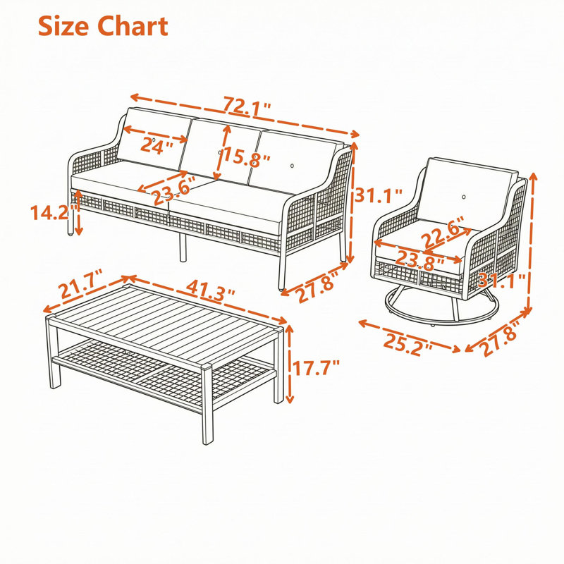 Ensemble de conversation pour patio 4 pièces, canapé en rotin PE 3 places, chaises pivotantes à 360 ° et table basse de rangement