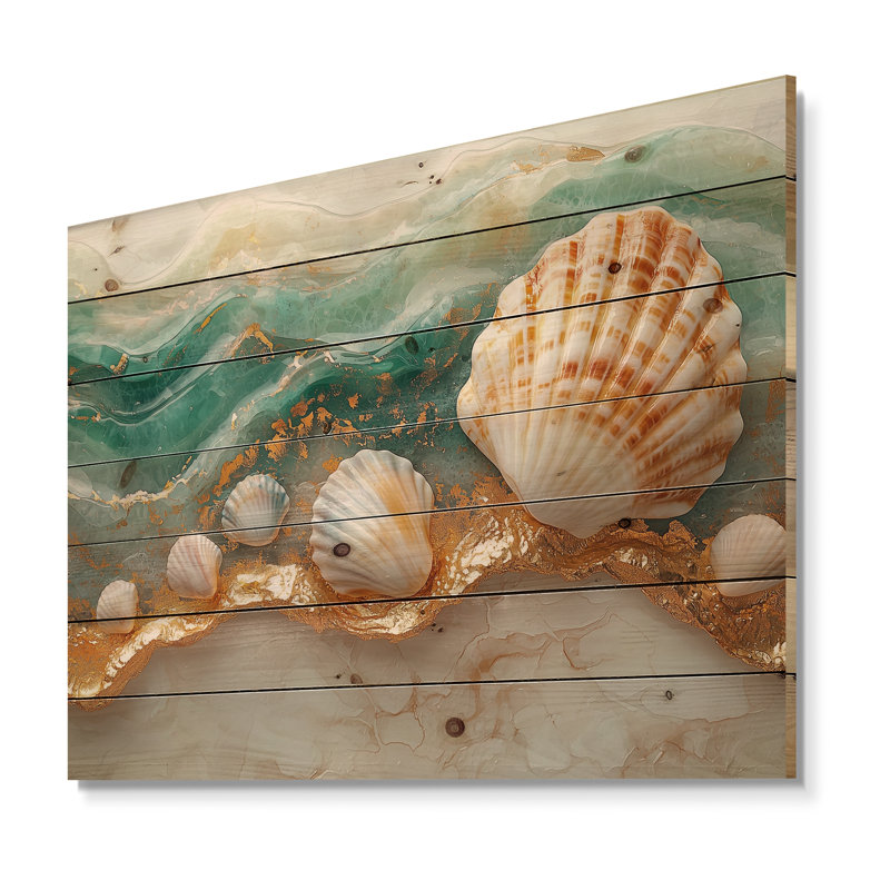Coquillage et sable émeraude I - décoration murale en bois côtier - sur bois de pin naturel, H 30 po x l 40 po x P 0,78 po