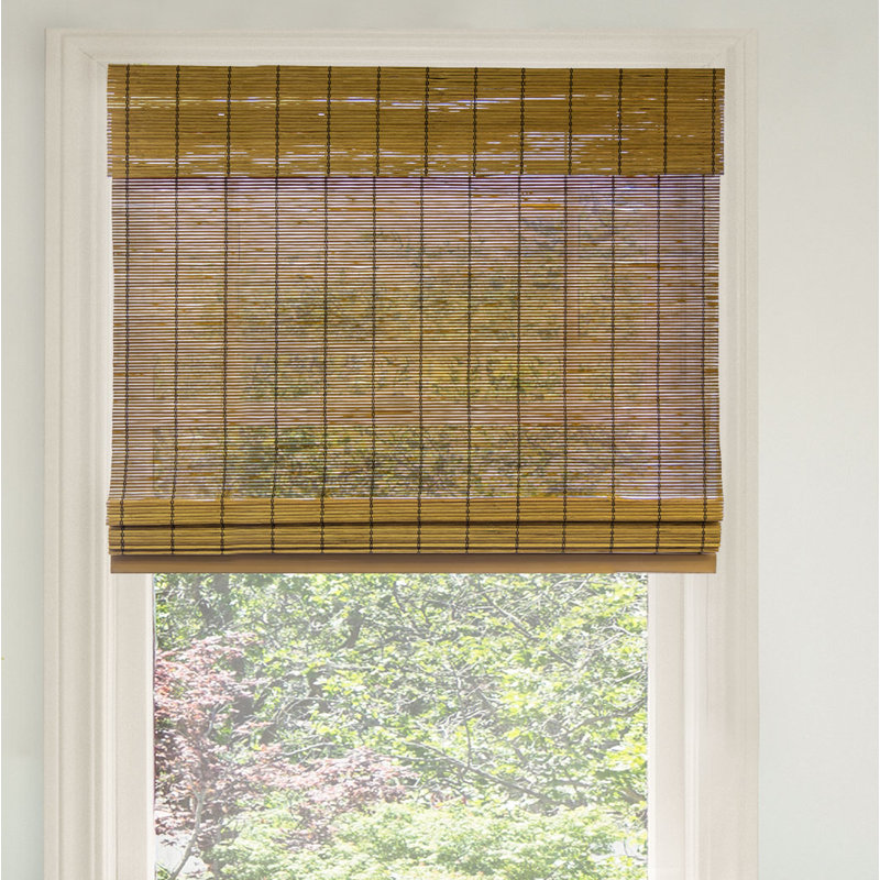 Cordless Light Filtering Woven Wood Bamboo Roman Shade with Valance, Brown, 39"W x 64"L