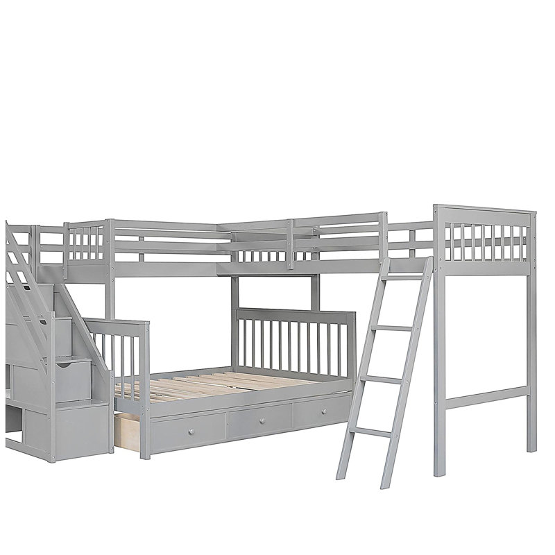 Lit double superposé en L double avec 3 tiroirs, échelle et escalier - gris, Gris