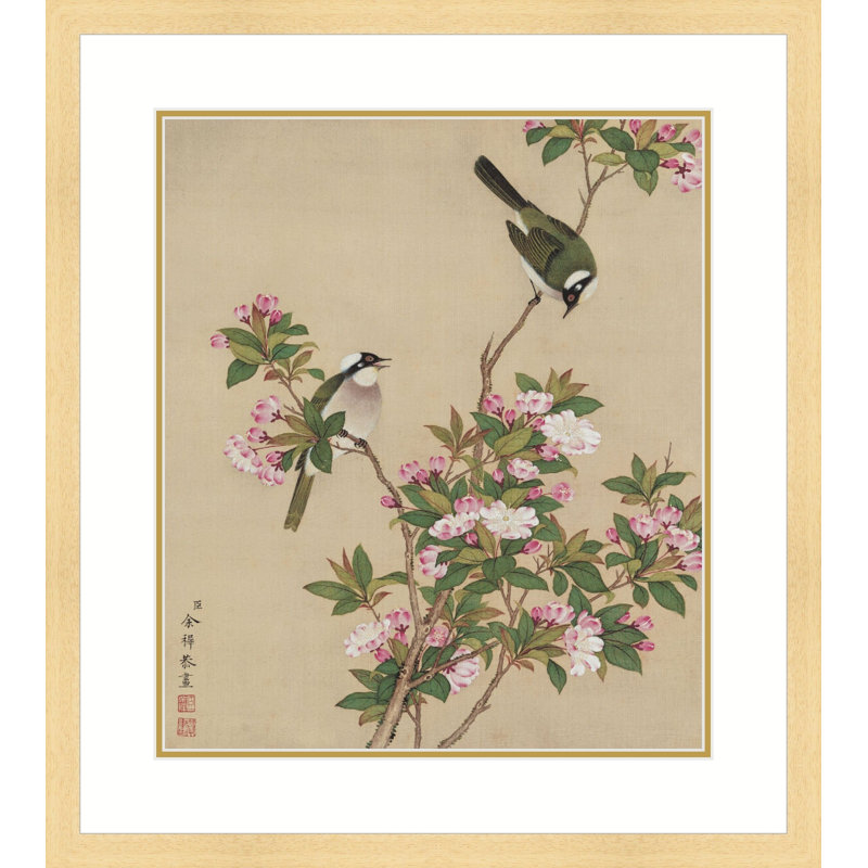 Bulbuls Amidst Peach Blossoms by Yu Zhi - Single Picture Frame Print, Natural, 21.5" H x 17.5" W x 1.3" D