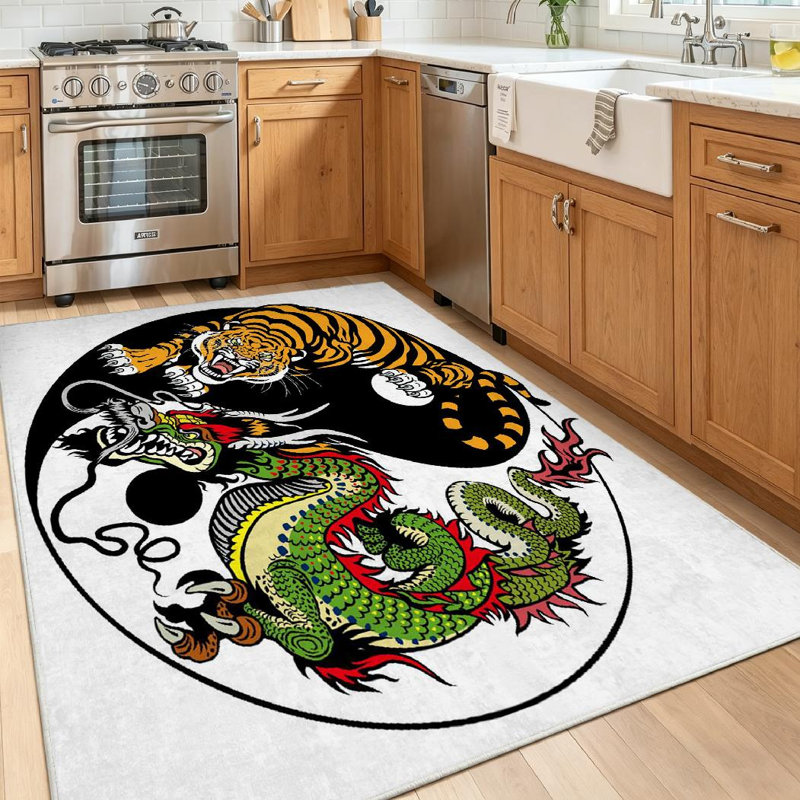 Tapis noir symbole de l'équilibre lavable à la machine Dragon and Tiger, Rectangle 55 po x 79 po