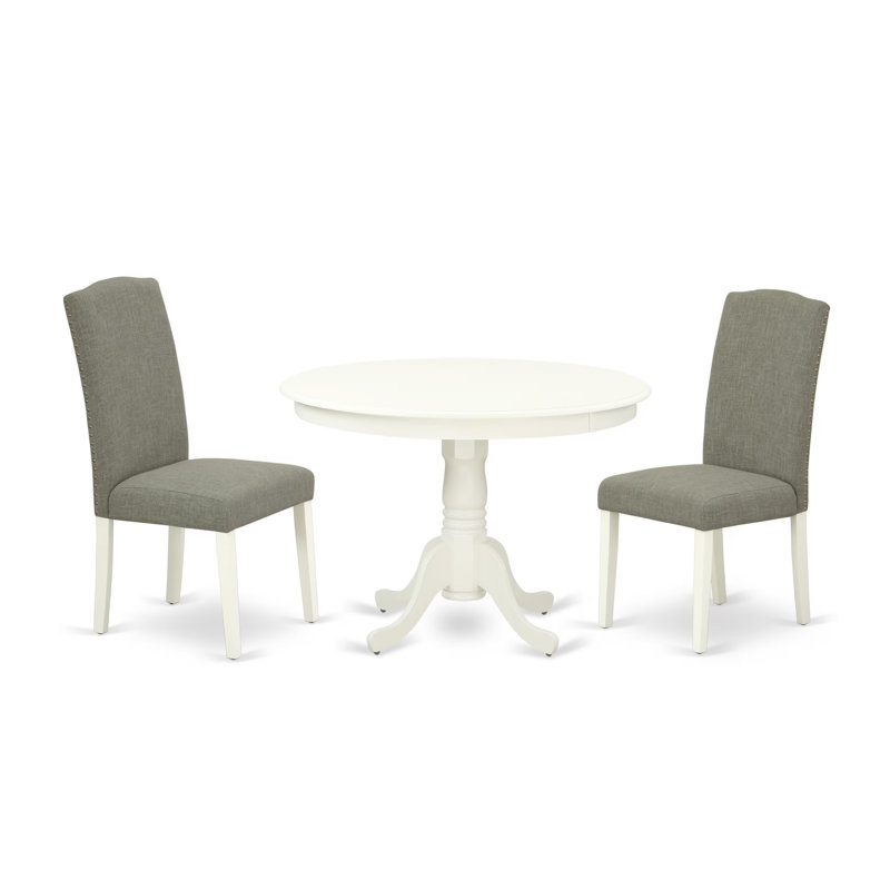 3 Piece Dining Set for Small Spaces Contains a Round Dining Room Table with Pedestal and 2 Dark Shitake Linen Fabric Parson Chairs, Linen White