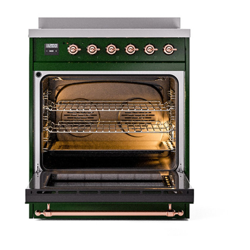 Cuisinière à induction 30 pouces avec 4 éléments à induction (porte pleine) ILVE Nostalgie II Series, Vert émeraude / cuivre