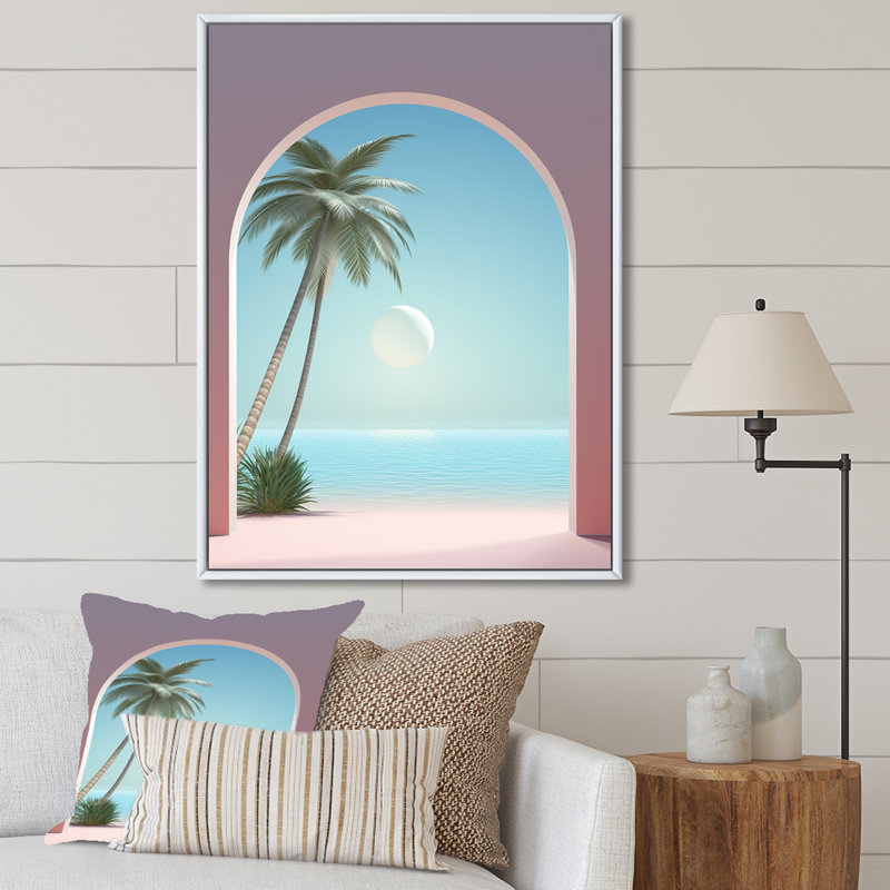Perle paradisiaque, vue sur l'océan, paume sur toile, Cadre flottant blanc, H 40 po x l 30 po x P 1,5 po