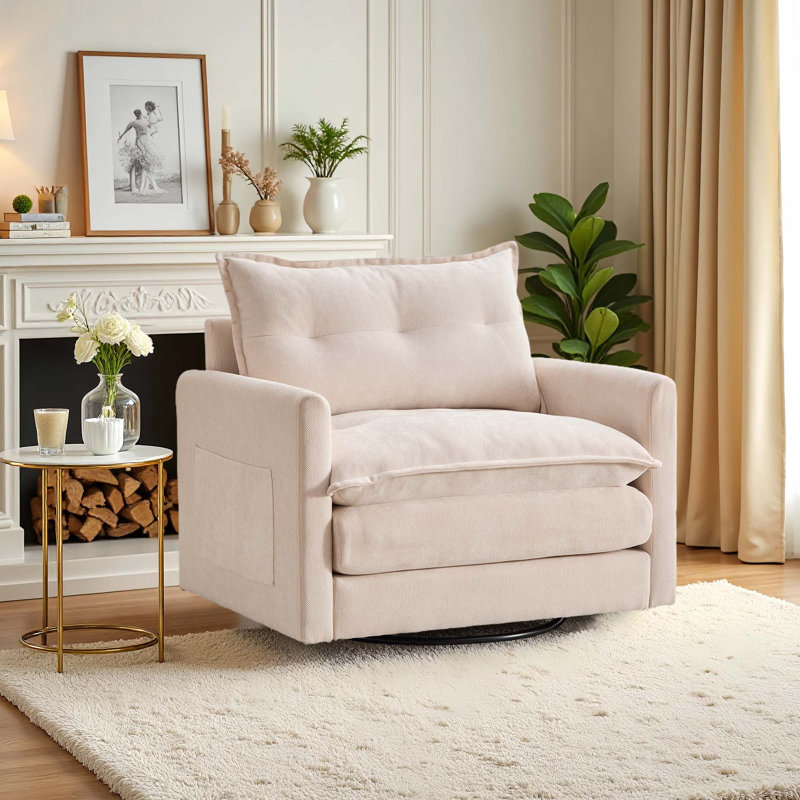 36" Chenille Upholstered Swivel Armchair, Beige