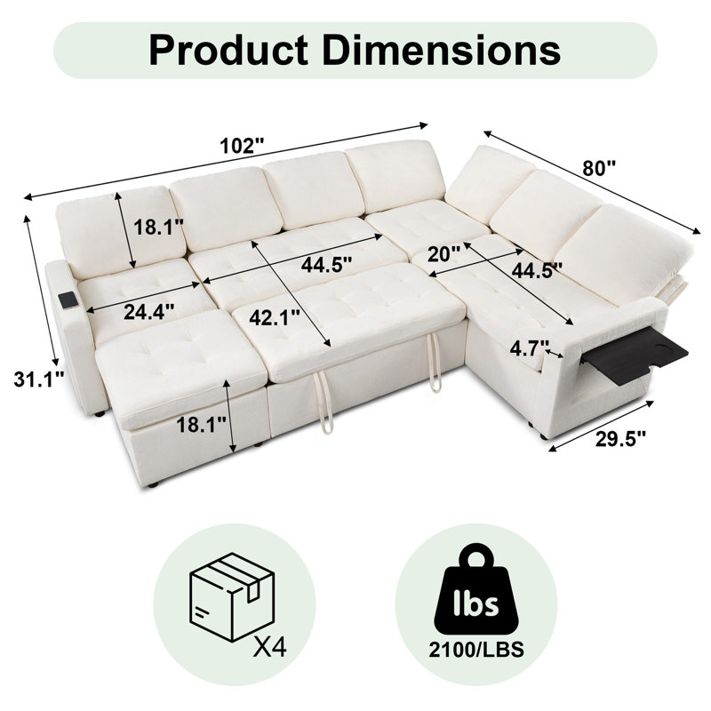 Canapé-lit modulaire en L 7 pièces avec lit escamotable, repose-pieds, dossier réglable, charge USB, éclairage à DEL et table d'appoint - Chenille beige (assemblage sans outil)
