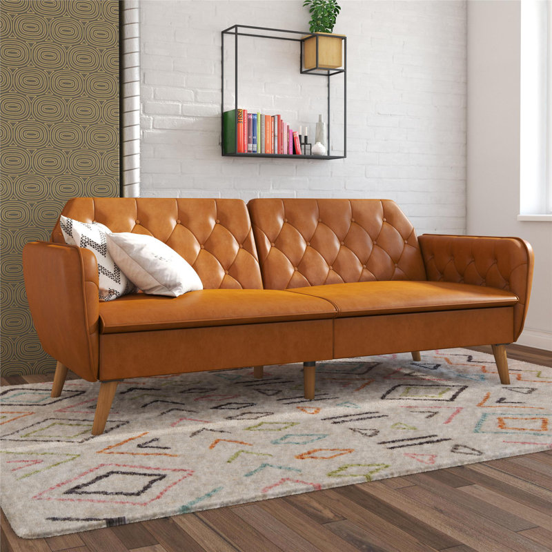 Camel Faux Leather Tufted Split Back Sleeper Sofa