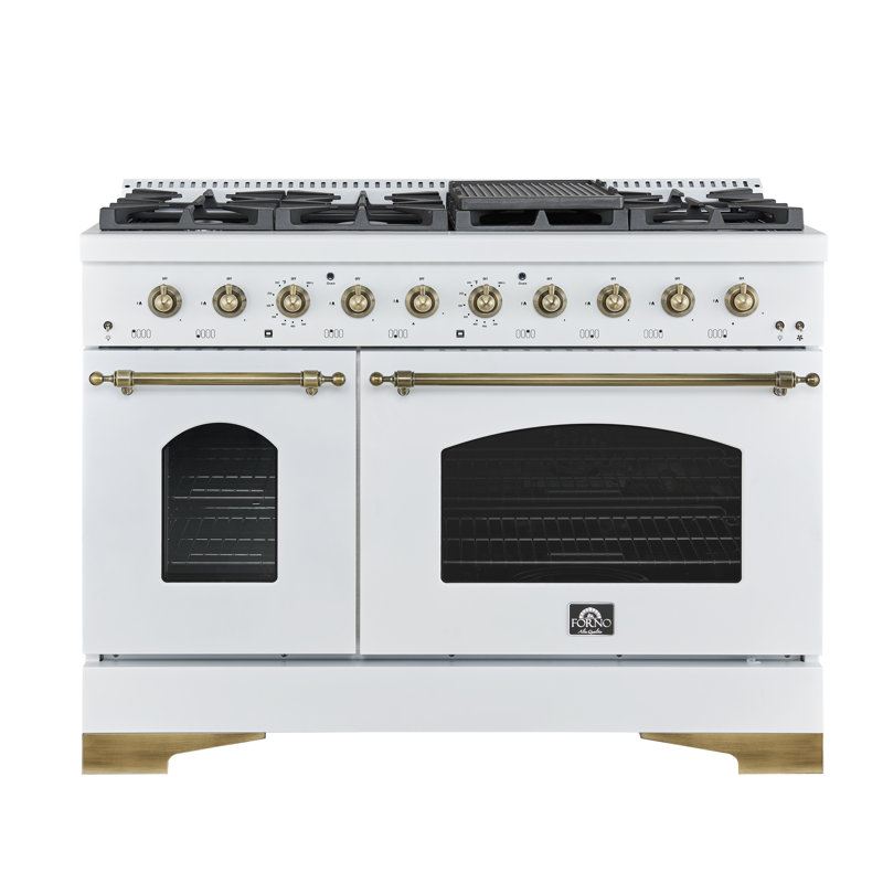 Forno Antico 48-inch Dual Fuel Range with 8 Burners, 94,000 BTU, 5.5 cu.ft. Double Ovens & Griddle, Antique Brass Finish