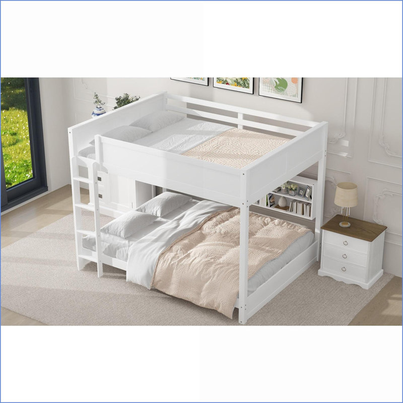 Queen Over Queen Solid Pine &amp; MDF Bunk Bed with Storage Cabinets &amp; USB Ports, No Box Spring Needed, White for Small Spaces