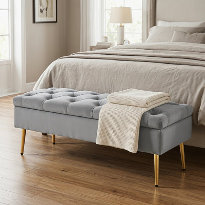 Banc de chambre rembourré avec pieds en métal doré, gris