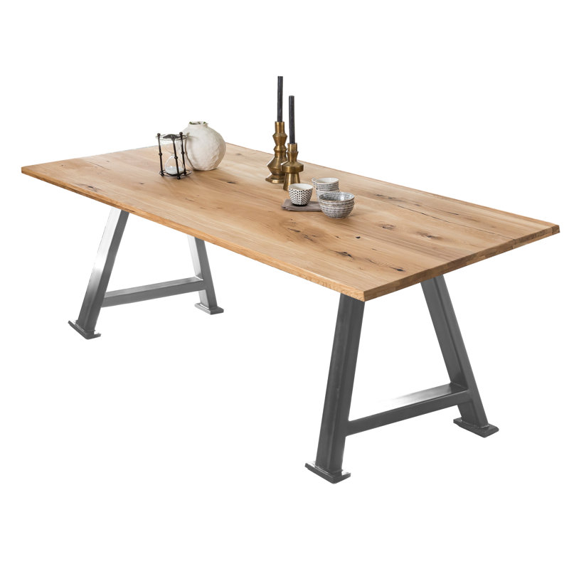 Rita Oak Solid Wood Top Metal Base Dining Table, H75 x L220 x W100cm, Silver