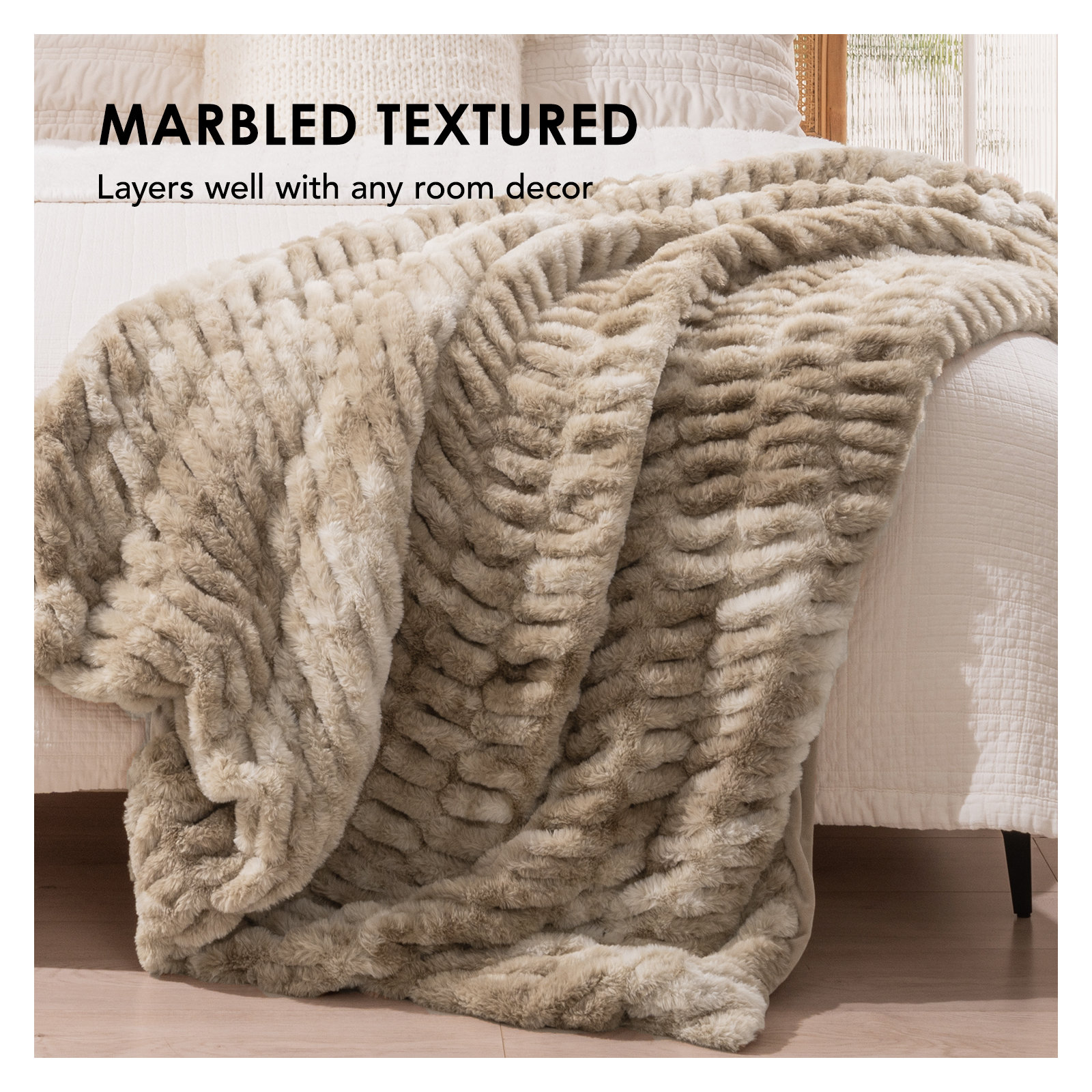 Ruched Bubble Faux Fur Throw Blanket, 60" W x 80" L, Beige
