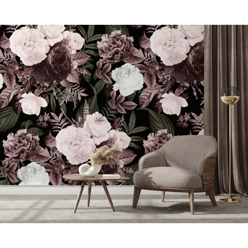 Papier peint floral rose foncé foncé sur fond noir, L 8,83 po x l 187 po
