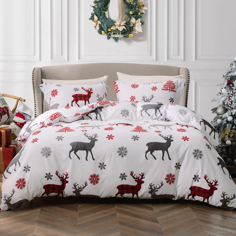 Christmas Duvet Cover Set Snowflake Reindeer Printed, Queen Duvet Cover + 2 Standard Shams