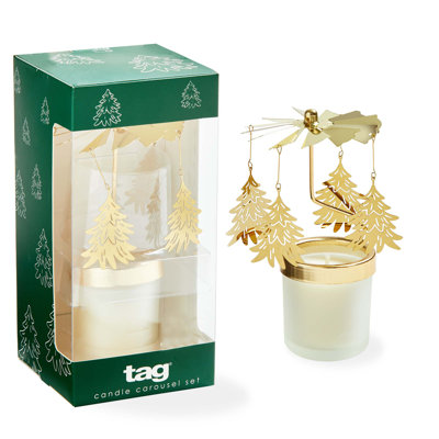Winter Pine Tree Carousel Candle with Gold Metal Tealight Holders - Scented Christmas Candle, 12hr Burn Time, 2.75" x 6"