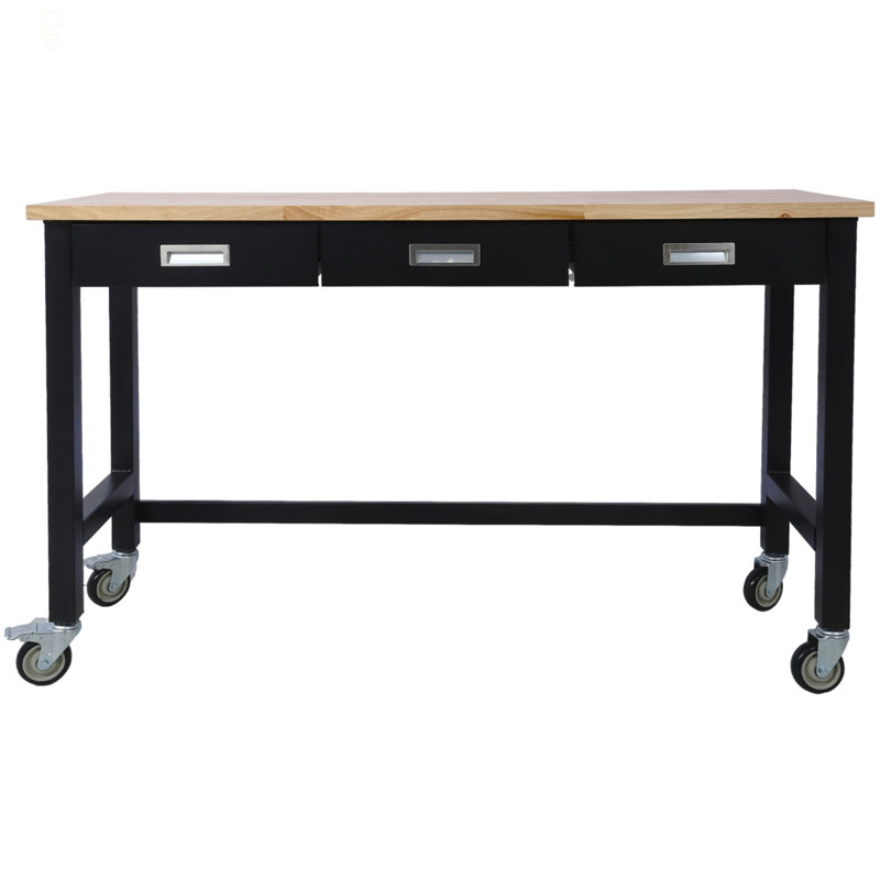 Banc de travail 60 po, banc de travail avec rangement de tiroir, table de travail en bois de bambou robuste avec roulettes pour le bureau à domicile