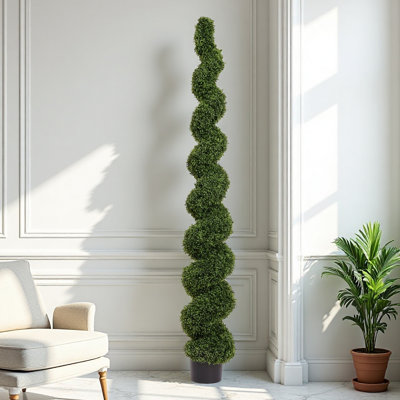 7 ft Spiral Topiary Artificial Tree – Faux Boxwood, Twisted Green, Outdoor Patio & Garden Décor, 1 piece