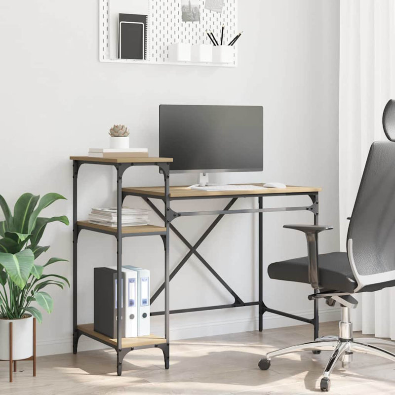 Metal Base Computer Desk, 90cm. H x 105cm. W x 50cm. D, Artisan Oak
