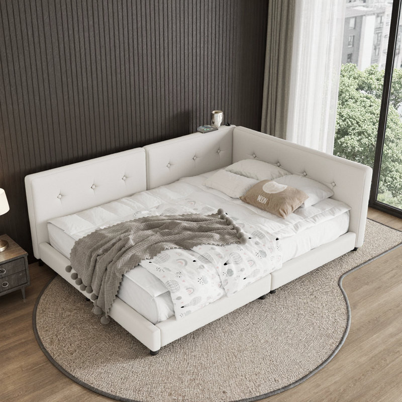 Cadre de lit plateforme grand en lin beige moderne avec ports USB | Sommier non requis, Beige, Grand lit