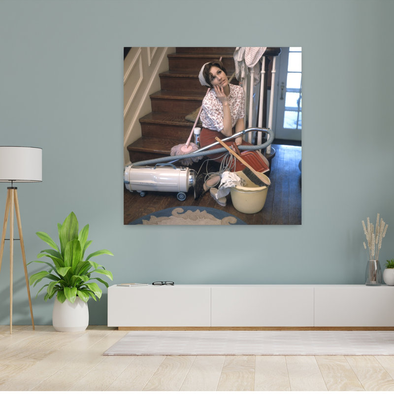 1960S 1970S Tired Bored Young Woman Daydreaming Sitting On Stairs Surrounded By House Cleaning Tools Classic Retro Vintage Architecture Wall Art