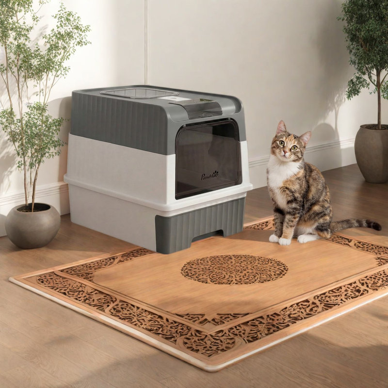Plastic Enclosed Litter Box with Built-in Scoop and with Top Entry Door