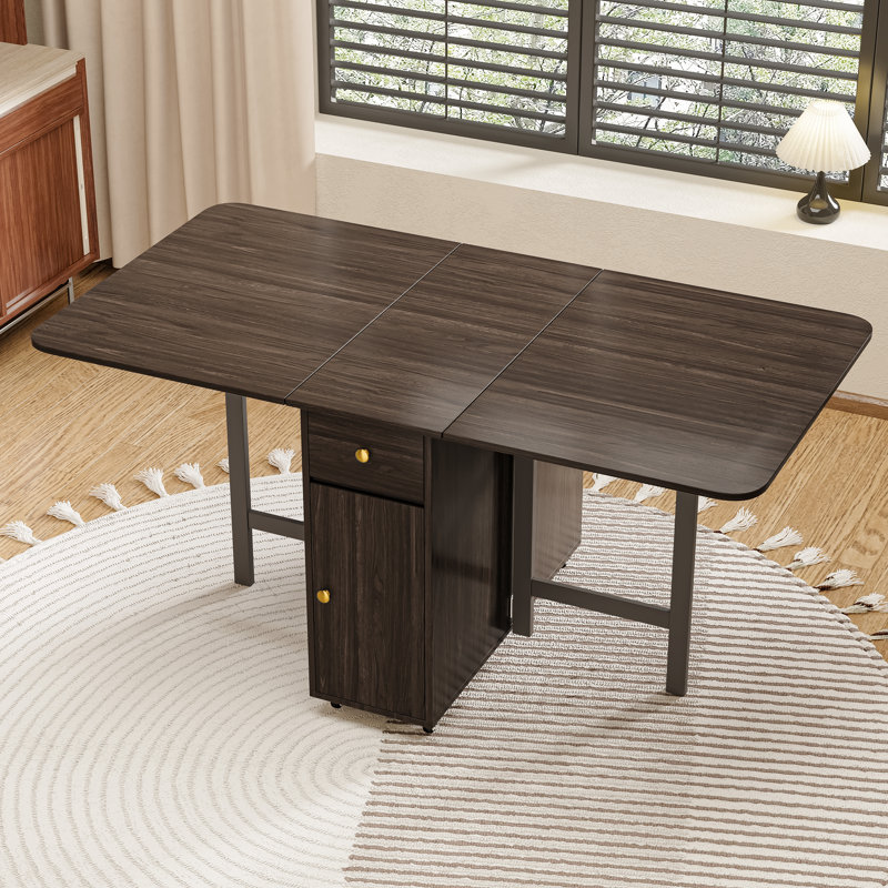2-6 People Extendable Dining Table with Storage, 12'' to 59''W Space-saving Wood Folding Kitchen Table, Modern Moveable Walnut Finish Kitchen Island with Wheels and Drop Leaves for Kitchen and Dining Room, Brown