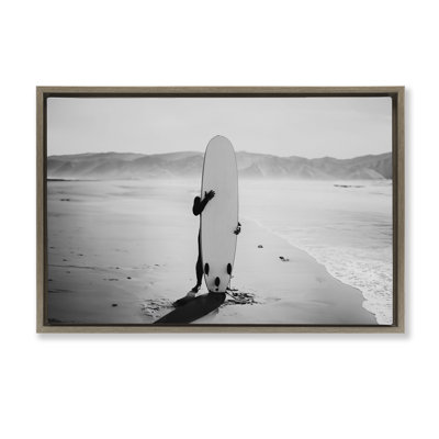 Hiding with Surfboard Grey Framed Floater Canvas by Sisi and Seb