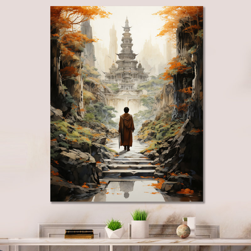 Art bouddhiste beige, voyage de Gautamas, L 12 po x H 20 po, Toile tendue