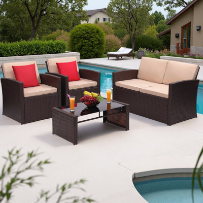4-Piece All-Weather Wicker Patio Set – Rattan Sectional Sofa with Cushions and Glass Table