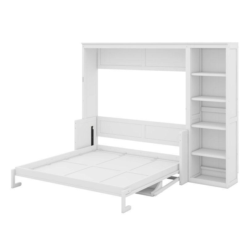 Grand lit escamotable avec bureau et bibliothèque, Blanc, Grand lit