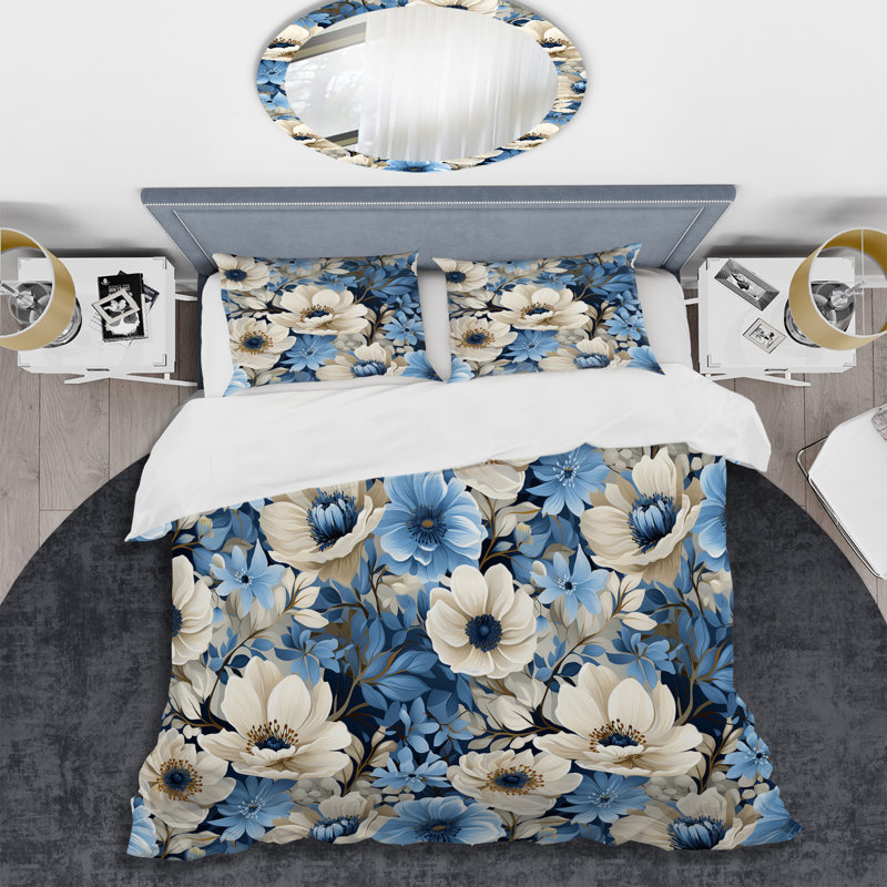 Ensemble de housse de couette Serene Blue Garden, Housse de couette pour très grand lit et 2 très